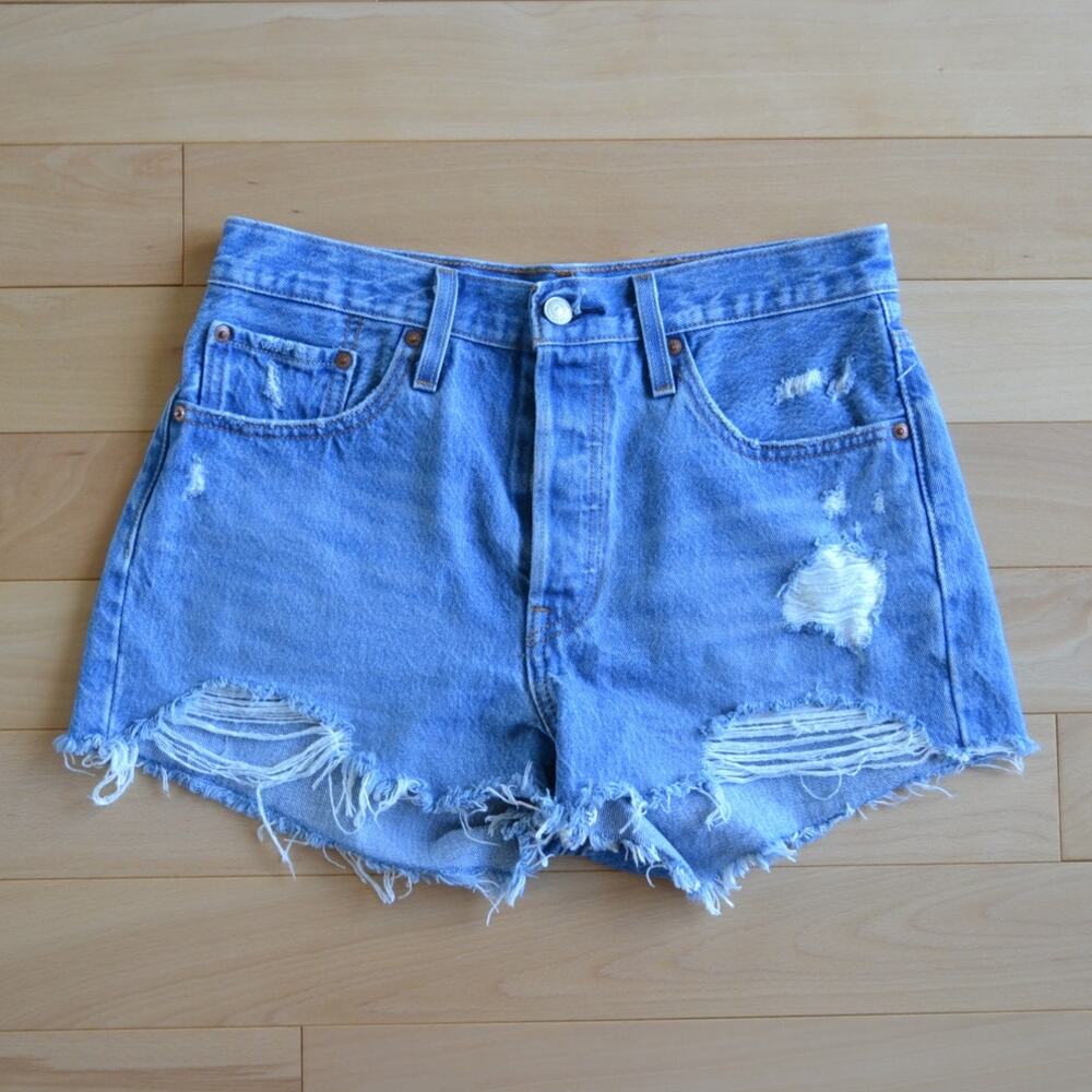 Levis Premium 501 Cutoff Shorts Big E Button Fly Blue Denim Medium Wash 28